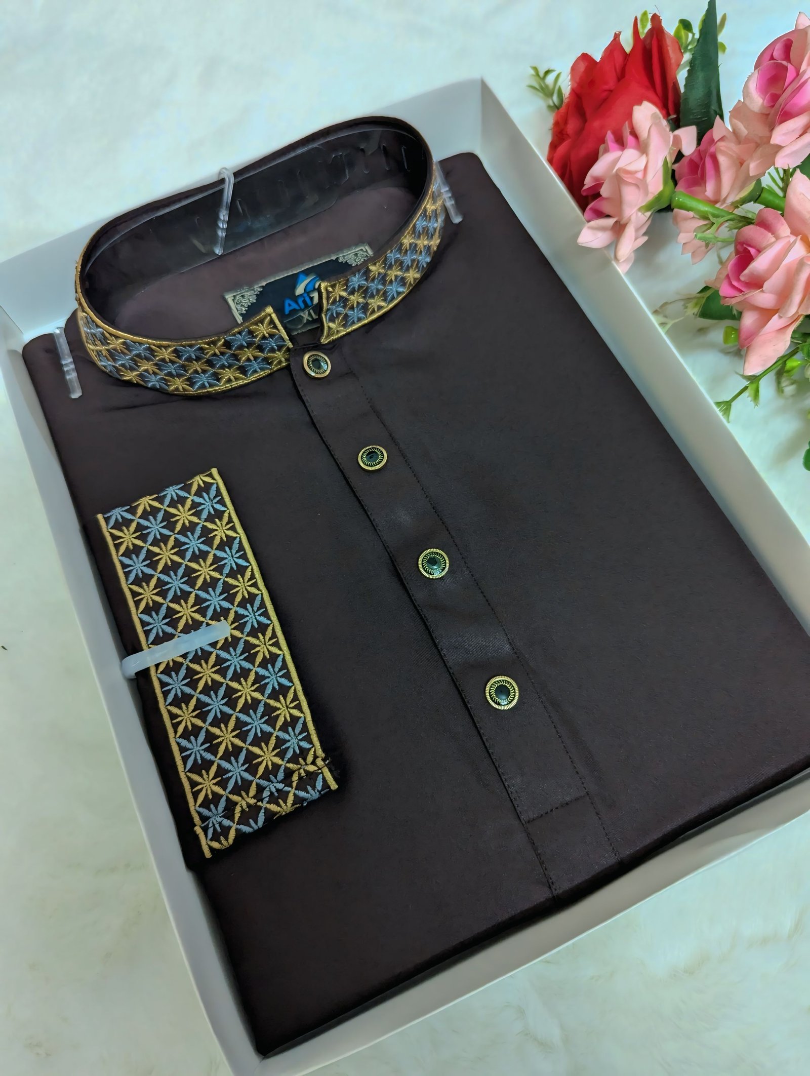coffee Embroidery Panjabi/ Code 223